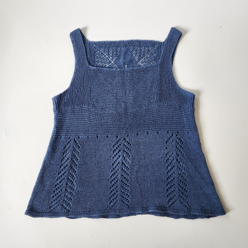Handmade Knitted Sleeveless Square Neck Tank Top Medium Blue Boho Cottage Forest
